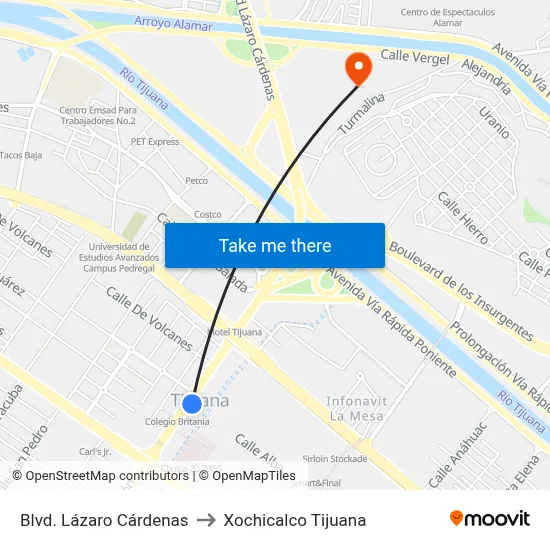 Blvd. Lázaro Cárdenas to Xochicalco Tijuana map