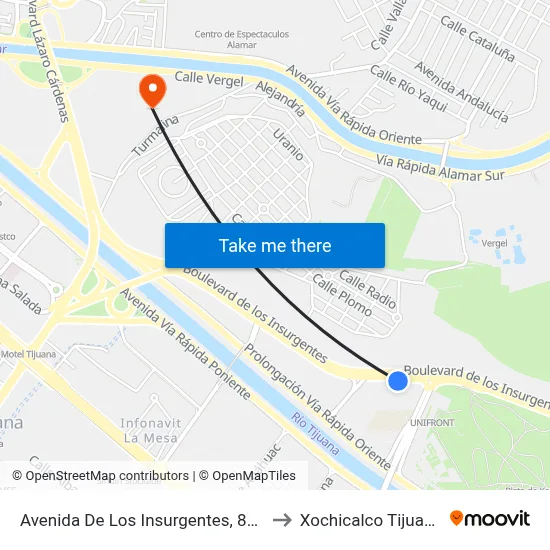 Avenida De Los Insurgentes, 828 to Xochicalco Tijuana map