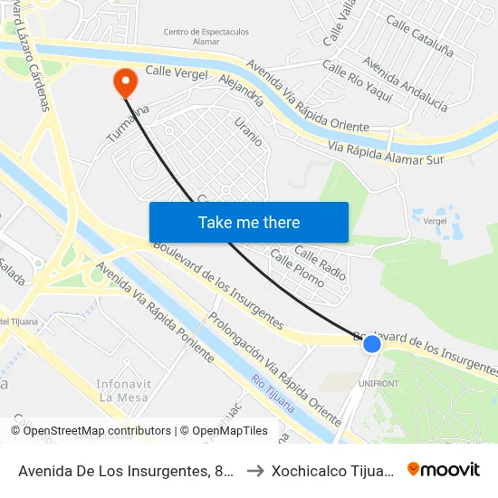 Avenida De Los Insurgentes, 828 to Xochicalco Tijuana map