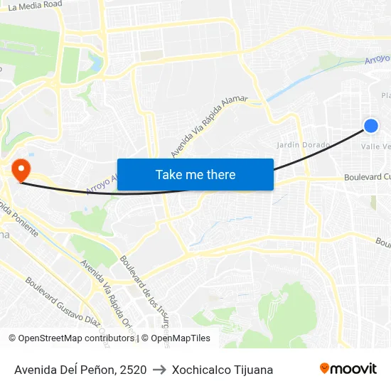 Avenida Deĺ Peñon, 2520 to Xochicalco Tijuana map
