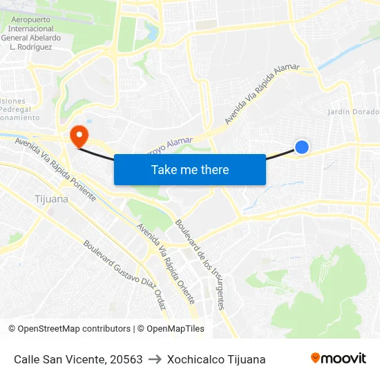 Calle San Vicente, 20563 to Xochicalco Tijuana map