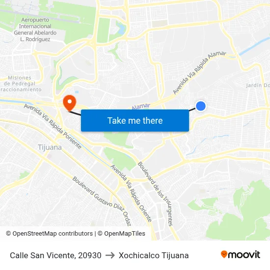 Calle San Vicente, 20930 to Xochicalco Tijuana map