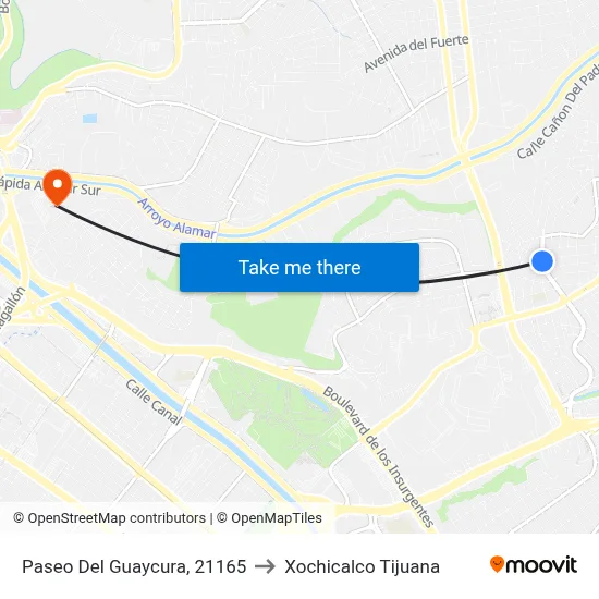 Paseo Del Guaycura, 21165 to Xochicalco Tijuana map