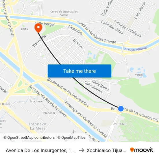 Avenida De Los Insurgentes, 157 to Xochicalco Tijuana map