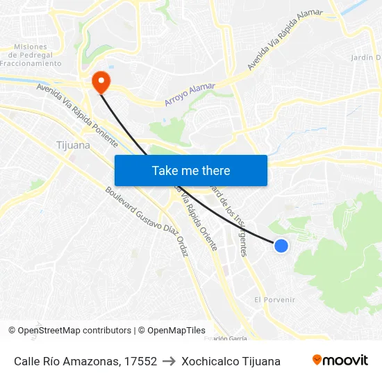 Calle Río Amazonas, 17552 to Xochicalco Tijuana map