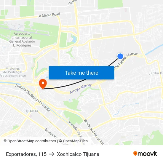 Exportadores, 115 to Xochicalco Tijuana map