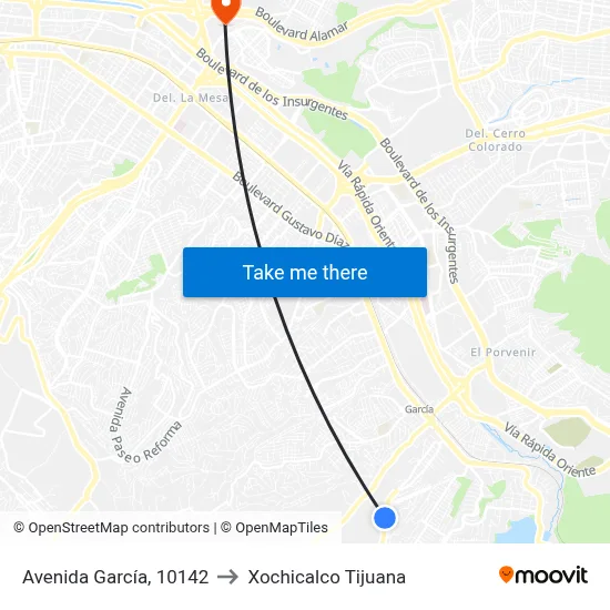 Avenida García, 10142 to Xochicalco Tijuana map