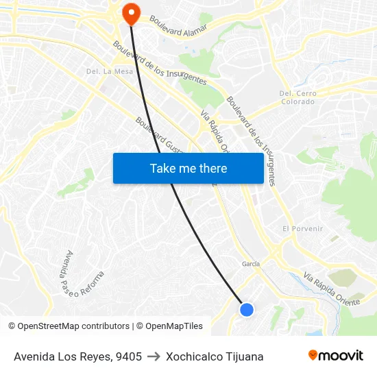 Avenida Los Reyes, 9405 to Xochicalco Tijuana map