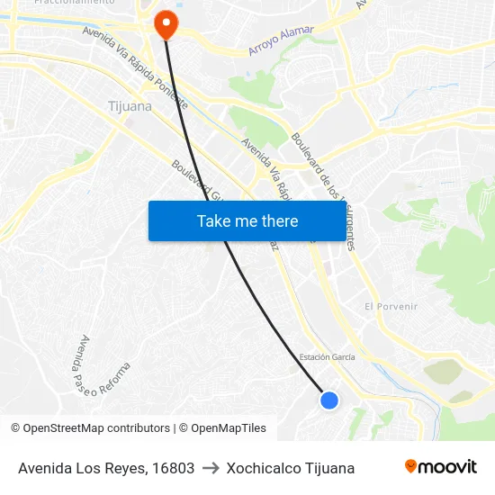 Avenida Los Reyes, 16803 to Xochicalco Tijuana map