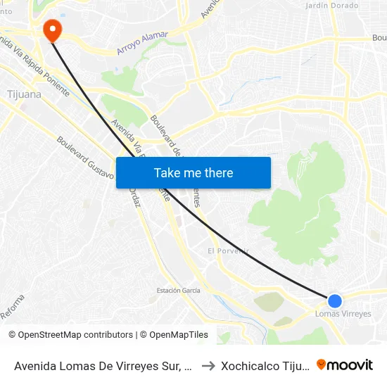 Avenida Lomas De Virreyes Sur, 11023 to Xochicalco Tijuana map
