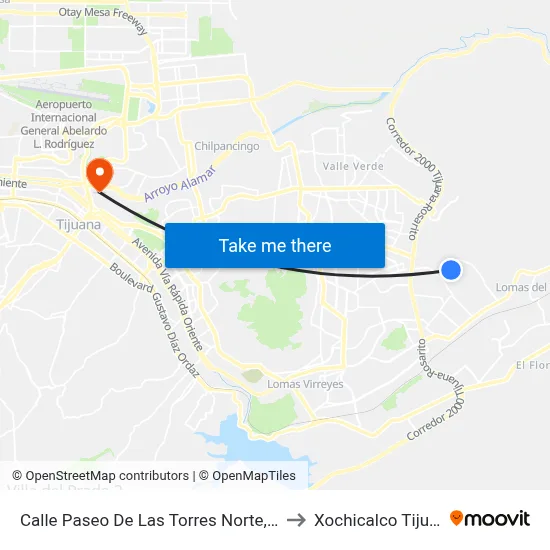 Calle Paseo De Las Torres Norte, 7616 to Xochicalco Tijuana map
