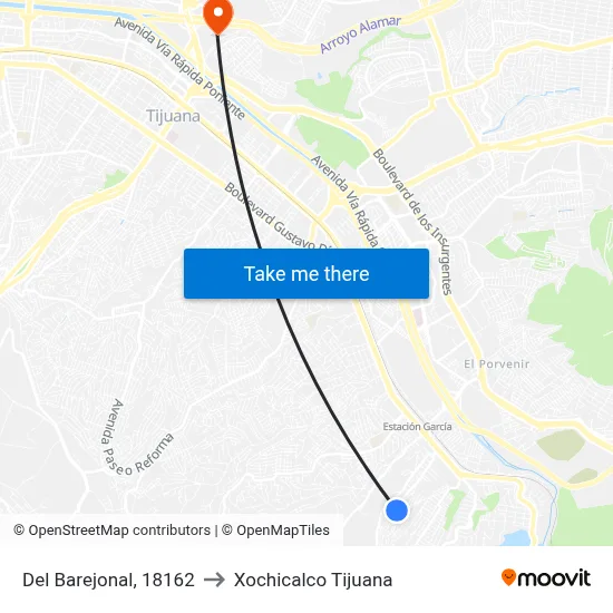 Del Barejonal, 18162 to Xochicalco Tijuana map