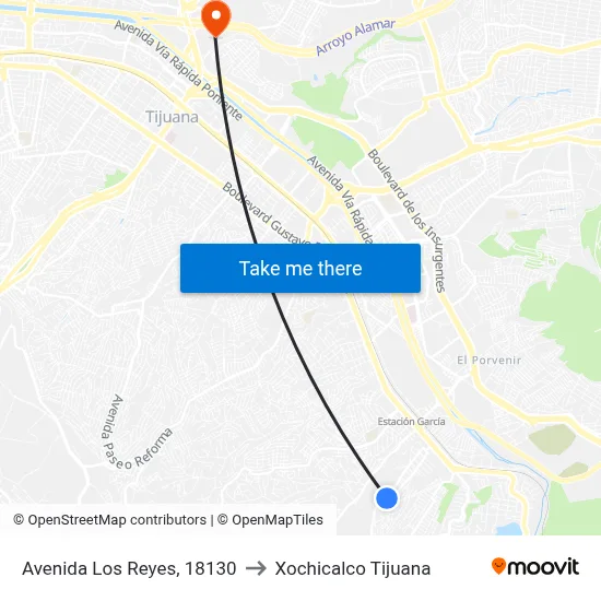 Avenida Los Reyes, 18130 to Xochicalco Tijuana map