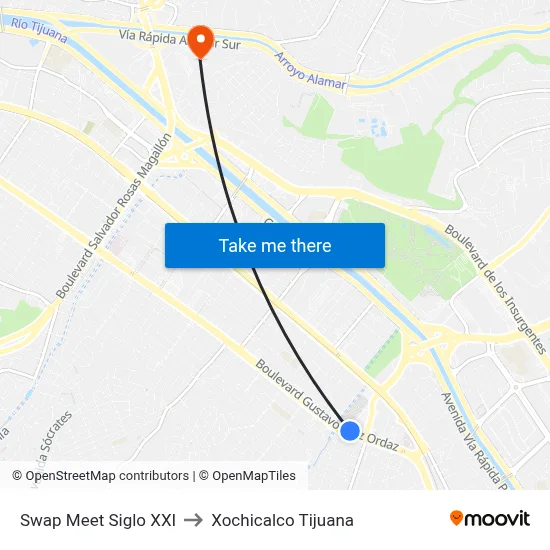 Swap Meet Siglo XXI to Xochicalco Tijuana map