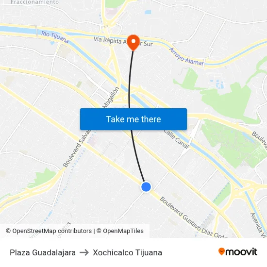 Plaza Guadalajara to Xochicalco Tijuana map