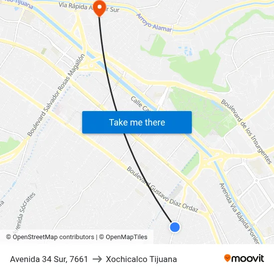Avenida 34 Sur, 7661 to Xochicalco Tijuana map