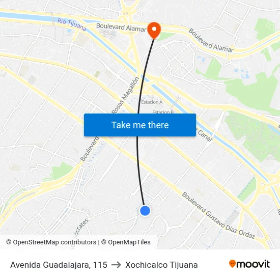Avenida Guadalajara, 115 to Xochicalco Tijuana map