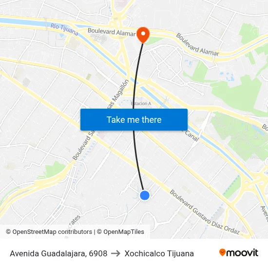 Avenida Guadalajara, 6908 to Xochicalco Tijuana map