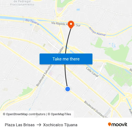 Plaza Las Brisas to Xochicalco Tijuana map
