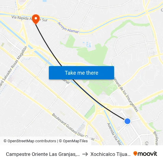 Campestre Oriente Las Granjas, 33 to Xochicalco Tijuana map