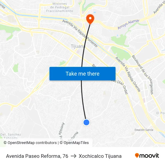 Avenida Paseo Reforma, 76 to Xochicalco Tijuana map