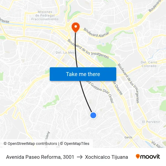 Avenida Paseo Reforma, 3001 to Xochicalco Tijuana map