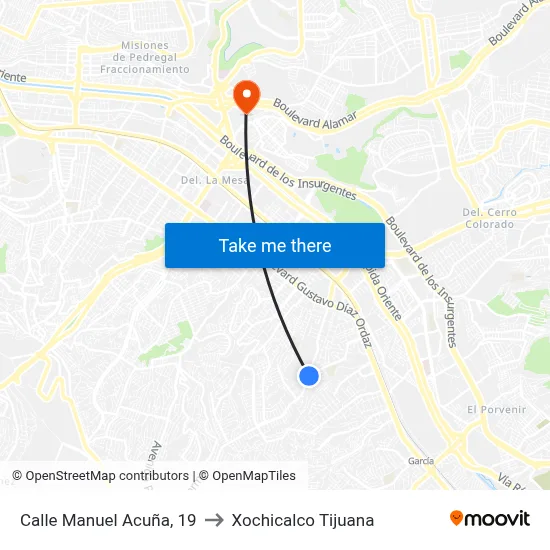 Calle Manuel Acuña, 19 to Xochicalco Tijuana map