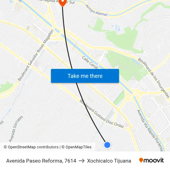 Avenida Paseo Reforma, 7614 to Xochicalco Tijuana map