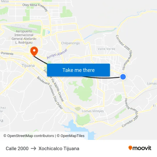 Calle 2000 to Xochicalco Tijuana map