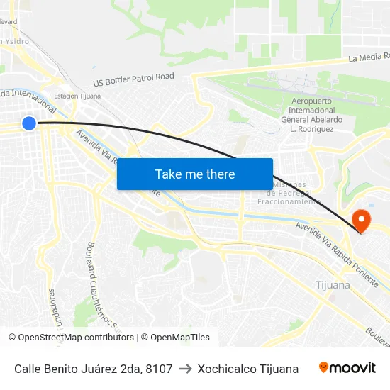 Calle Benito Juárez 2da, 8107 to Xochicalco Tijuana map