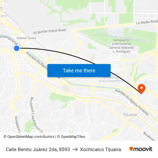 Calle Benito Juárez 2da, 8593 to Xochicalco Tijuana map