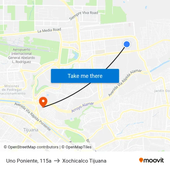 Uno Poniente, 115a to Xochicalco Tijuana map