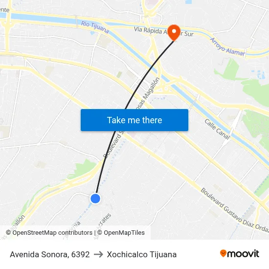 Avenida Sonora, 6392 to Xochicalco Tijuana map