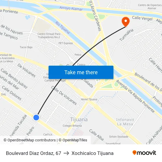 Boulevard Diaz Ordaz, 67 to Xochicalco Tijuana map