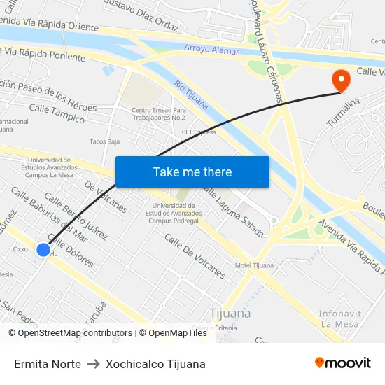 Ermita Norte to Xochicalco Tijuana map
