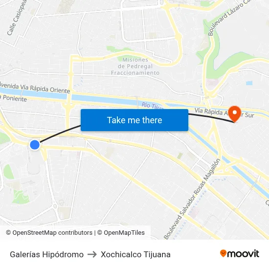 Galerías Hipódromo to Xochicalco Tijuana map