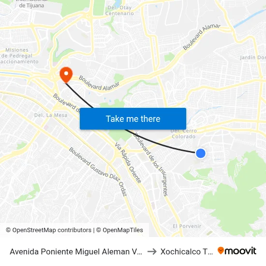 Avenida Poniente Miguel Aleman Valdes, 21454 to Xochicalco Tijuana map