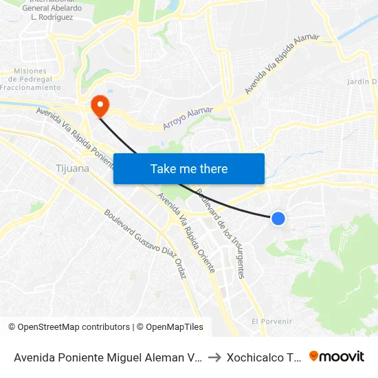 Avenida Poniente Miguel Aleman Valdes, 1302 to Xochicalco Tijuana map