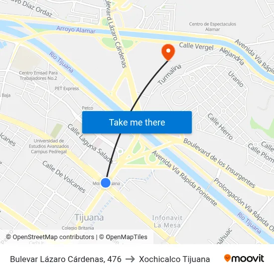 Bulevar Lázaro Cárdenas, 476 to Xochicalco Tijuana map