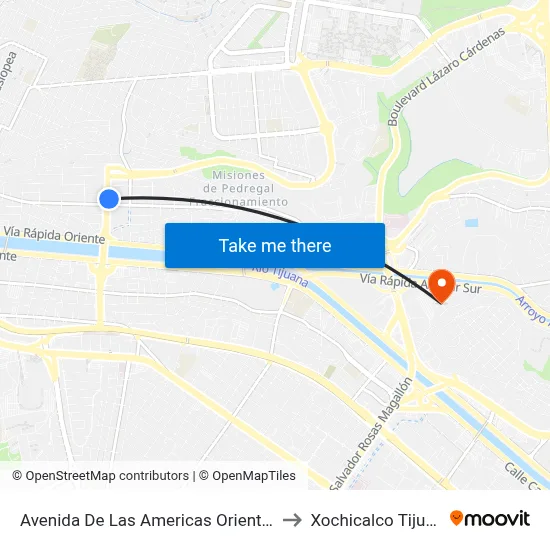 Avenida De Las Americas Oriente, 27 to Xochicalco Tijuana map