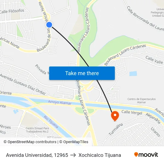 Avenida Universidad, 12965 to Xochicalco Tijuana map