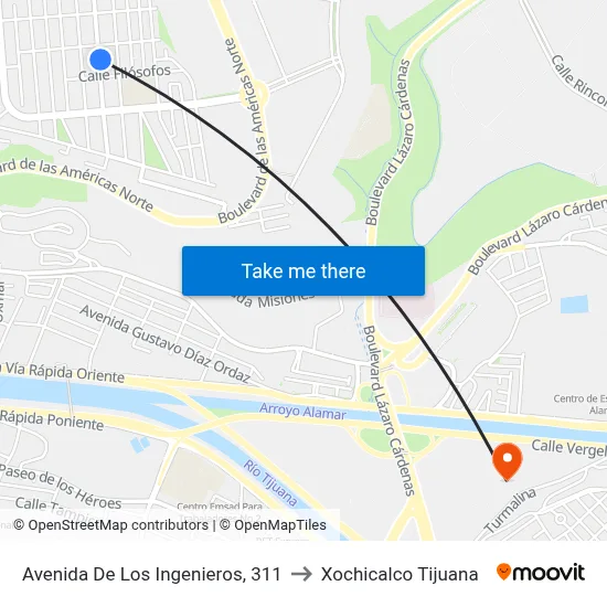 Avenida De Los Ingenieros, 311 to Xochicalco Tijuana map