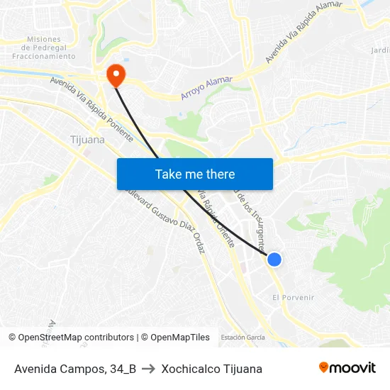 Avenida Campos, 34_B to Xochicalco Tijuana map