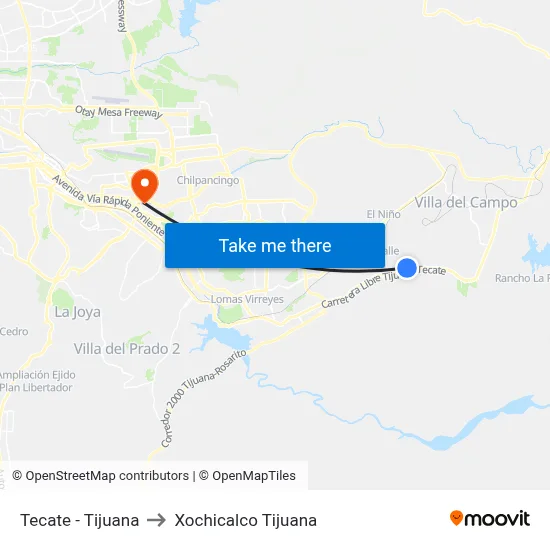 Tecate - Tijuana to Xochicalco Tijuana map