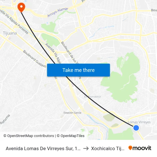 Avenida Lomas De Virreyes Sur, 11217_B to Xochicalco Tijuana map