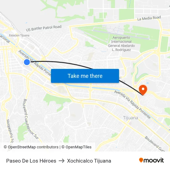 Paseo De Los Héroes to Xochicalco Tijuana map
