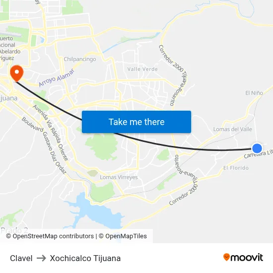 Clavel to Xochicalco Tijuana map