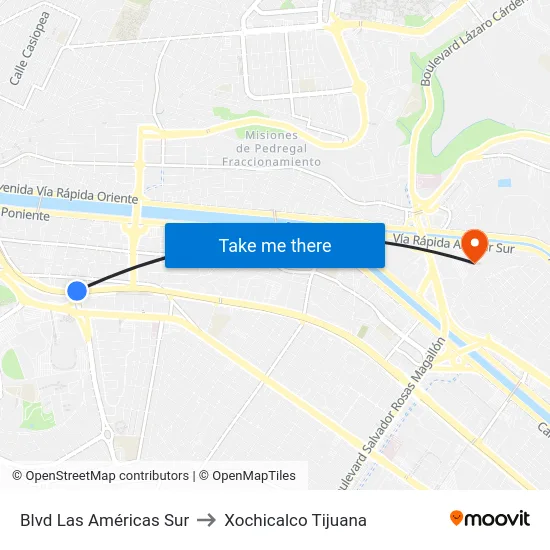 Blvd Las Américas Sur to Xochicalco Tijuana map