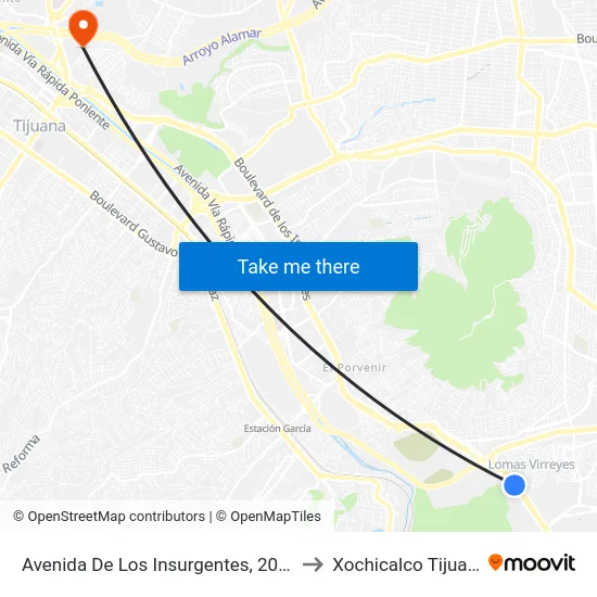 Avenida De Los Insurgentes, 20351 to Xochicalco Tijuana map