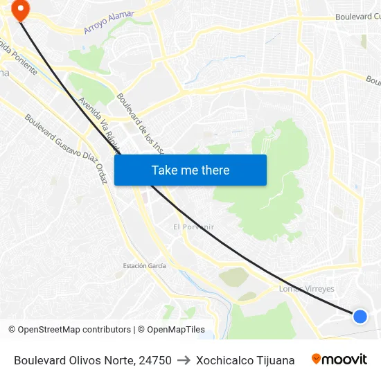 Boulevard Olivos Norte, 24750 to Xochicalco Tijuana map